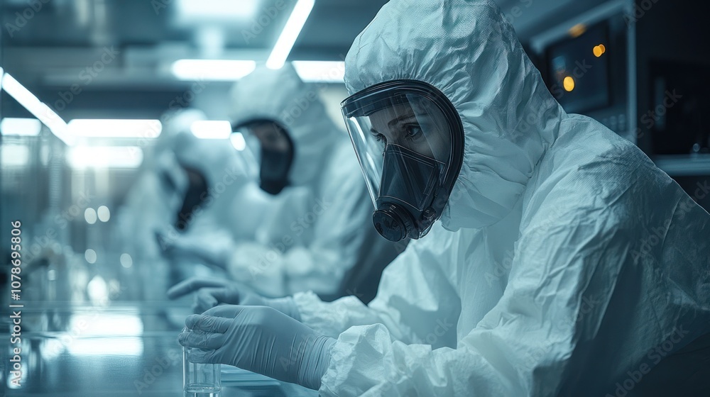 Poster scientists in lab coats working in a modern lab