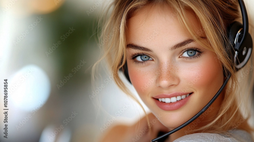 Poster Professional customer service agent using a headset, looking at a screen with focused attention, conveying reliability with side empty space for text Stockphoto style