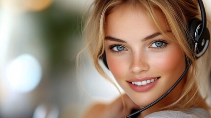 Professional customer service agent using a headset, looking at a screen with focused attention, conveying reliability with side empty space for text Stockphoto style
