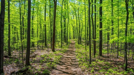 Obraz premium A serene forest path surrounded by vibrant green trees in a peaceful natural setting.