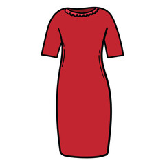 Hand drawn cartoon woman's elegant red dress on white background.