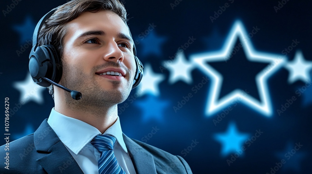 Fototapete Customer support agent reviewing client feedback on a digital tablet, showing attentiveness and quality service standards with side empty space for text Stockphoto style