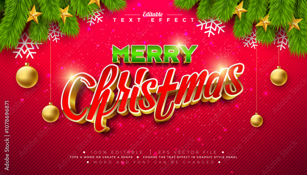 Poster merry christmas 3d text effect design. editable and scalable vector graphic style effect with gold f