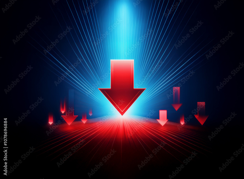 Poster a large red arrow points down towards a blue spotlight surrounded by smaller red arrows in a dark, r