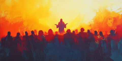 Fototapeta premium Inspirational Religious Art of Jesus Christ Preaching to a Crowd