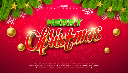 Merry Christmas 3D Text Effect Design. Editable and Scalable Vector Graphic Style Effect with Gold Framed Typography Lettering and Ornaments on Red Background. Winter Holiday Illustration Template for
