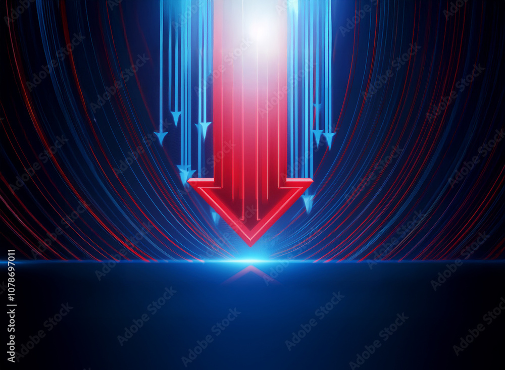 Poster a large red arrow pointing down, surrounded by smaller blue arrows pointing upwards. all arrows are 