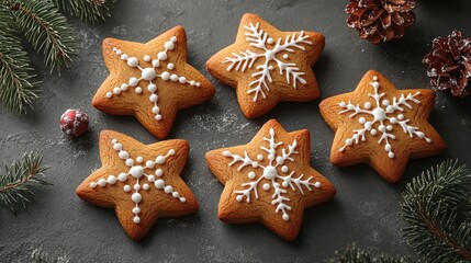 Star-shaped gingerbread cookies on a festive holiday backdrop.