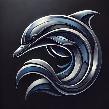 Loogo with futuristic metallic dolphin art design featuring sleek curves and intricate details on a dark background
