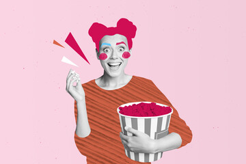 Composite photo collage of excited girl hold popcorn bucket sweet snack film watching 3d movie...