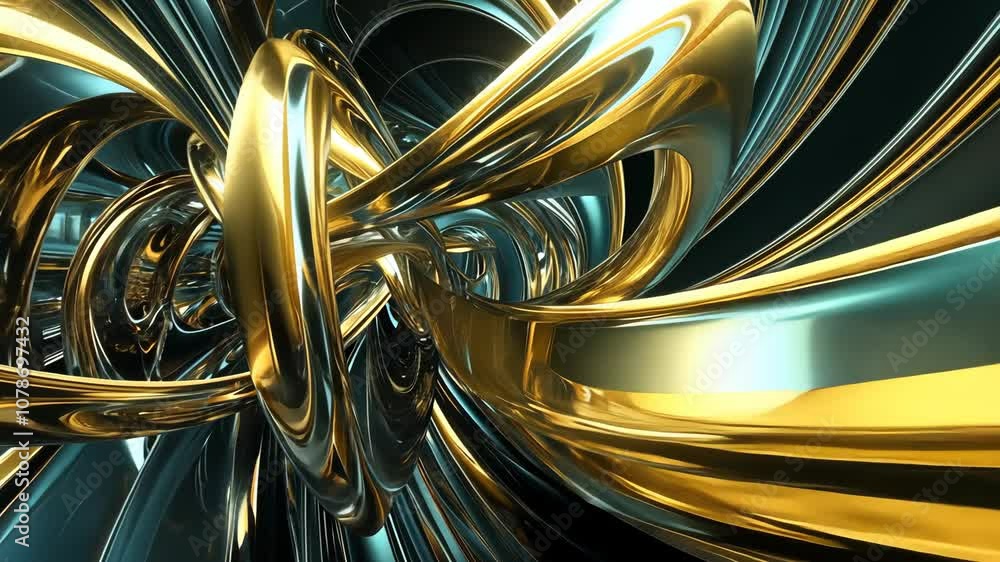 Poster shiny gold and blue metallic shapes twist and turn in a digital rendering