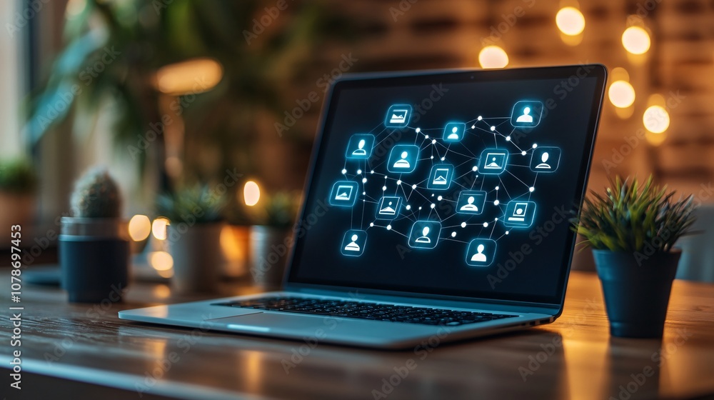 Fototapete Laptop on a desk with icons of popular virtual meeting apps displayed symbolizing connectivity and virtual communication for remote work Teleworking concept with side empty space for text Stockphoto