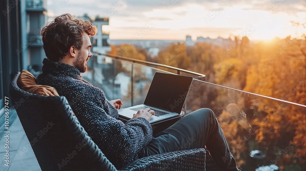 Poster Individual working from a hotel balcony with a laptop overlooking a beautiful landscape representing the freedom to work remotely from any location Teleworking concept with side empty space for text