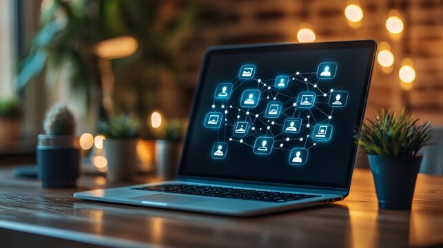 Laptop on a desk with icons of popular virtual meeting apps displayed symbolizing connectivity and virtual communication for remote work Teleworking concept with side empty space for text Stockphoto