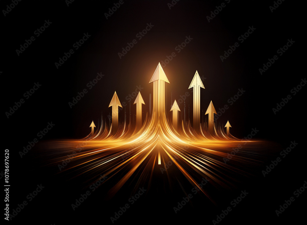 Poster a collection of glowing gold arrows point upward as they emerge from a path of speeding light on a b