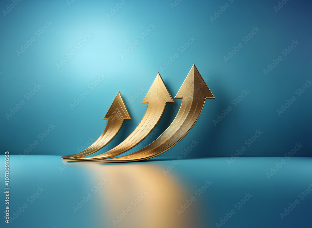 Poster three golden arrows pointing upwards against a blue background, reflecting on the shiny surface.