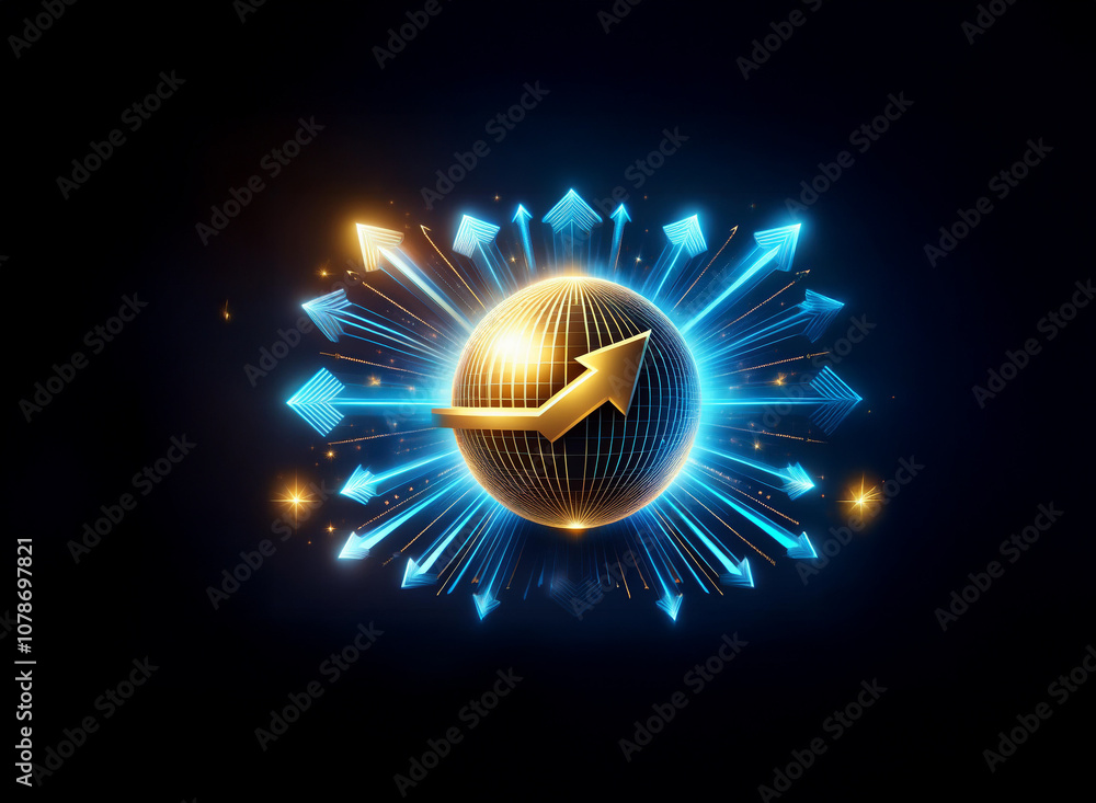 Poster a glowing gold sphere with an arrow pointing upwards surrounded by blue arrows, against a dark backg