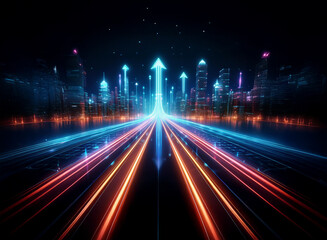 Obraz premium A futuristic cityscape with glowing neon lights, streaking lights, and arrows pointing upwards.