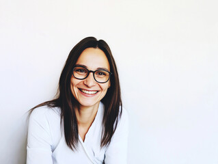  A portrait of a young, happy woman looking directly at the camera, set against a white background, perfect for portrait photography, lifestyle, or personal branding projects