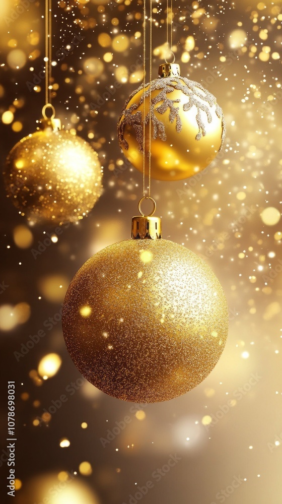 Poster three gold ornaments hanging from a string, one of which has a snowflake on it