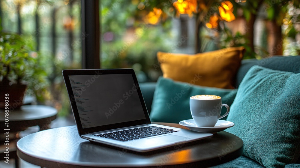 Poster casual home workspace with laptop and coffee cup on a table surrounded by comfortable seating for a 