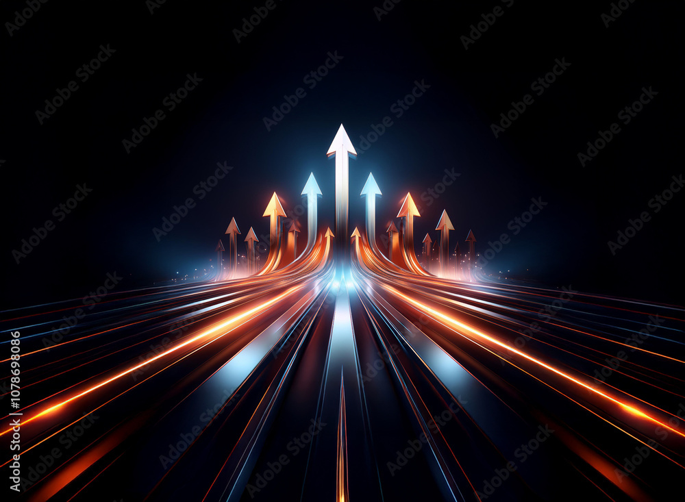 Poster A glowing highway with multiple lanes converge at a central point, where multiple glowing arrows point upwards.