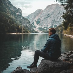 A man in a jacket sits on a rock by a tranquil mountain lake.