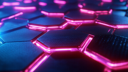 Fototapeta premium Dynamic digital hexagon grid creating a 3D depth illusion with neon highlights