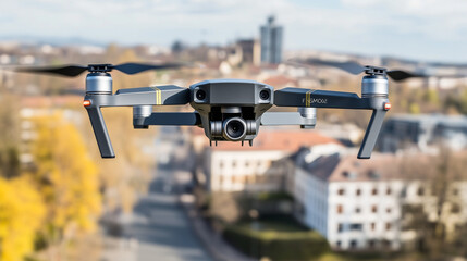 Aerial view of city skyline with drone casting shadow over buildings, empty streets symbolizing state of alert.