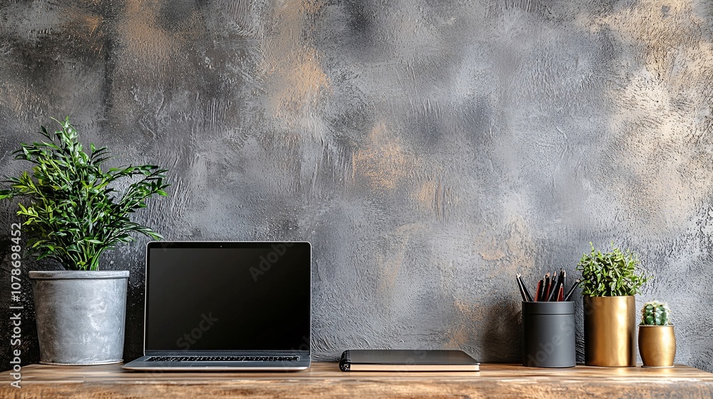 Fototapete Laptop and notebook arranged neatly on a home office desk in a minimalist space creating an inviting remote work setup with side empty space for text Teleworking concept with side empty space for