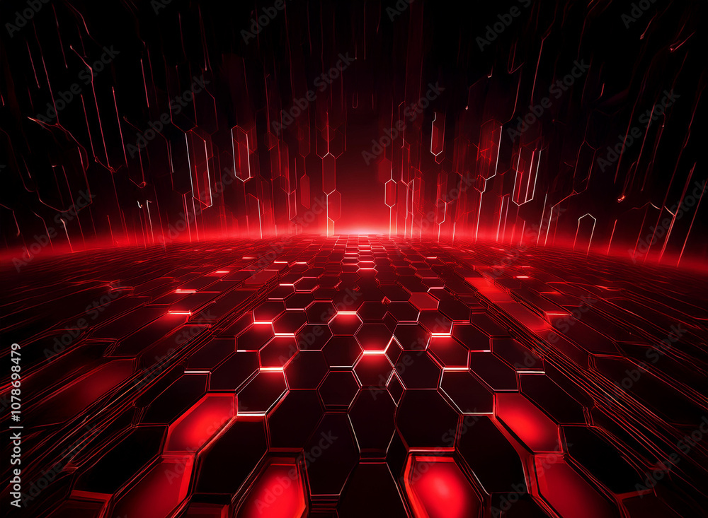 Aufkleber A glowing red hexagonal grid pattern receding into the distance, surrounded by dark red lines.