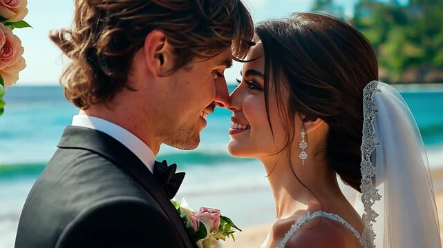 Romantic bride and groom sharing a moment at their beach wedding. The concept of love, commitment, and a beautiful seaside celebration.