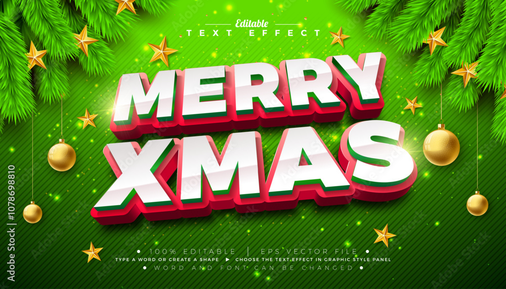 Poster merry christmas 3d text effect design. editable and scalable vector graphic style effect with white 
