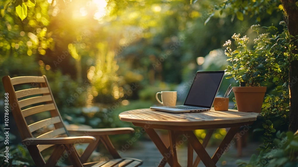 Aufkleber outdoor work setup with laptop smartphone and coffee on a small patio table enjoying a refreshing ga