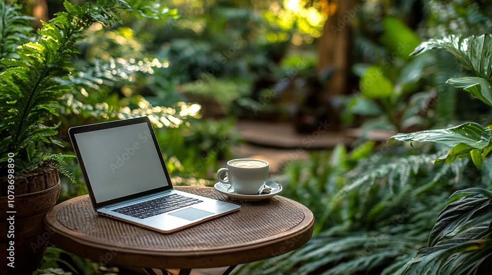 Poster Outdoor work setup with laptop smartphone and coffee on a small patio table enjoying a refreshing garden view symbolizing work-life harmony Teleworking concept with side empty space for text
