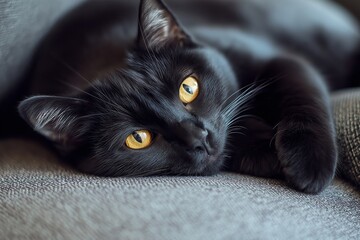 A serene black cat rests on a grey couch, yellow eyes gazing intently at the viewer in relaxed alertness.