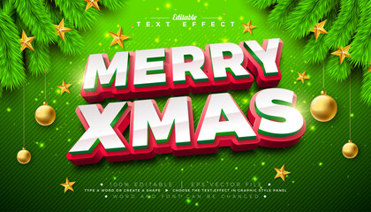 Merry Christmas 3D Text Effect Design. Editable and Scalable Vector Graphic Style Effect with White Typography Lettering, Fir Branch and Ornaments on Green Background. Winter Holiday Illustration
