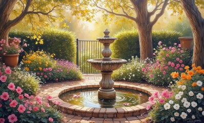 Serene garden fountain surrounded by flowers