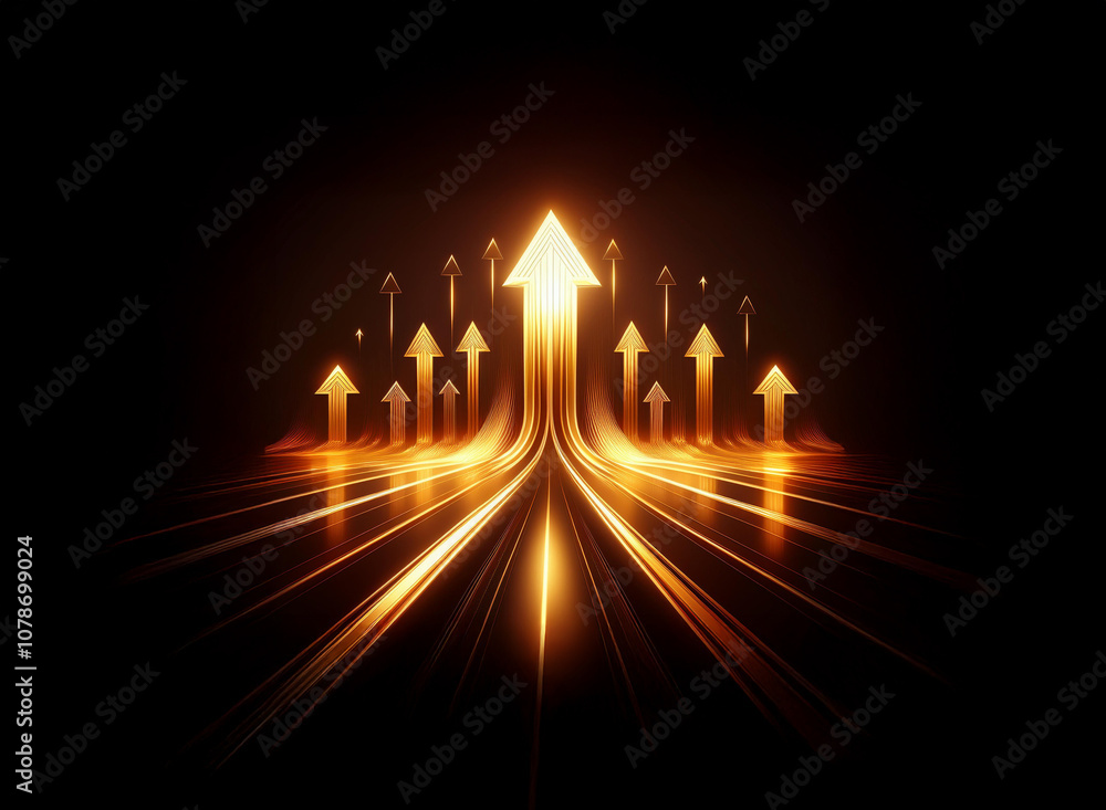 Poster A collection of glowing golden arrows point upward on a black background. The arrows are arranged in a converging pattern, creating a sense of movement and forward momentum.