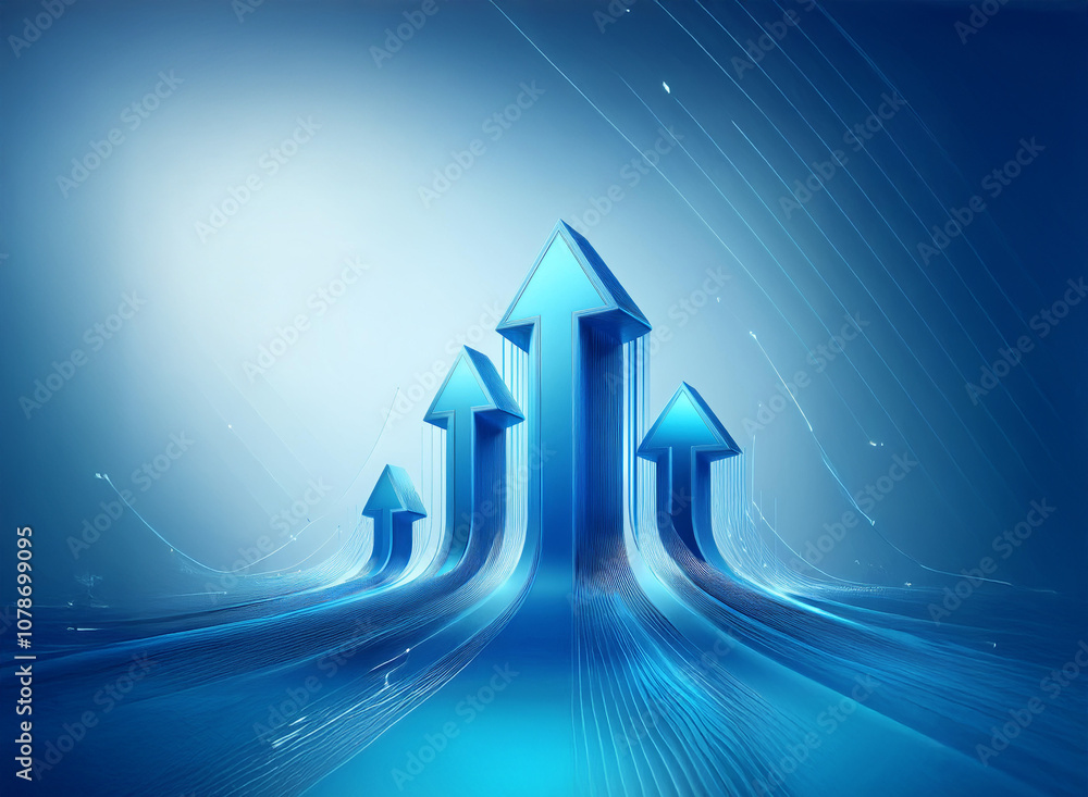 Poster abstract blue background with multiple 3d arrows pointing upwards.