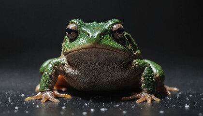 Obraz premium A green frog sits on a dark surface, staring intensely at the camera