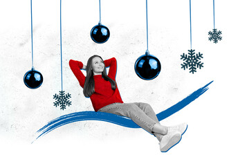 Greeting picture collage of adorable cute girl lying waiting for new year midnight isolated on...