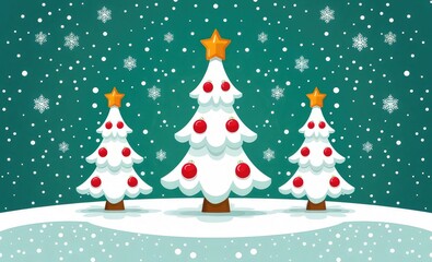 Minimalist Christmas Pattern with Green Background, Simple Lines and Shapes of Small Pine Trees, Red Dots, Elegant Holiday Design, Clean and Modern Aesthetic, Modern Christmas Theme.