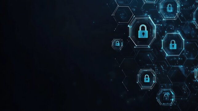 Abstract digital background with hexagon shapes and padlock icons for security and data protection. - Powered by Adobe