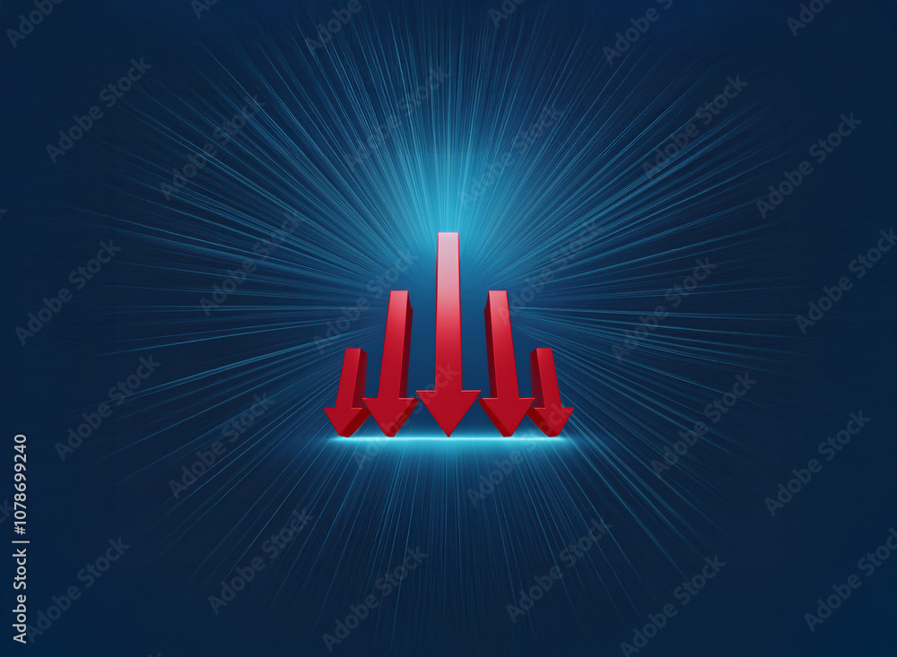 Poster a group of red arrows point downward with a bright light shining from behind them.