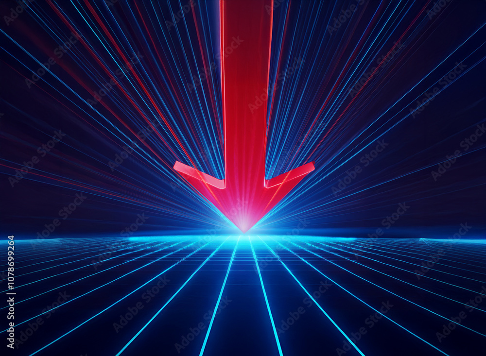 Aufkleber a red arrow points down towards a glowing blue horizon, surrounded by radiating lines of light.