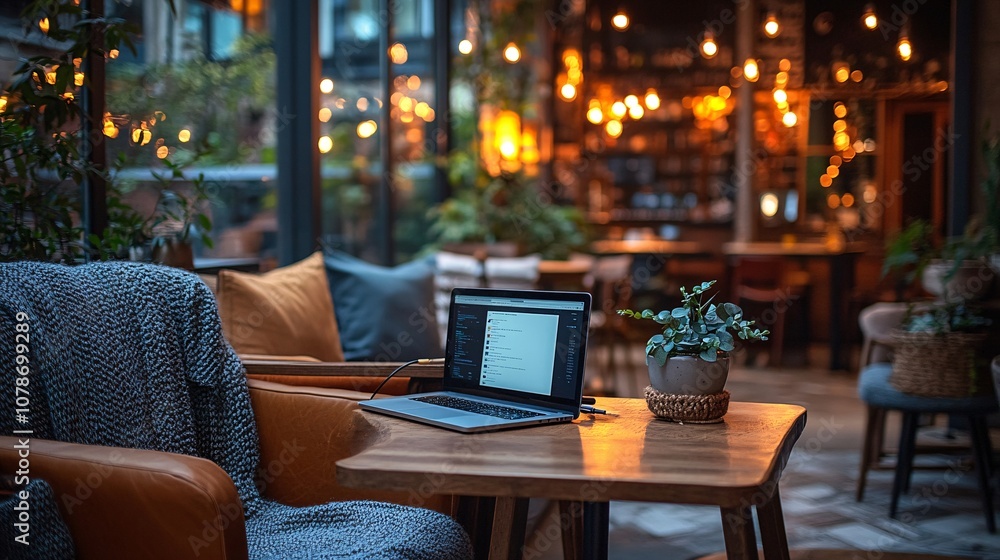 Poster Casual workspace with laptop open on a coffee table in a warmly lit cafe surrounded by cozy decor Teleworking concept with side empty space for text Stockphoto style