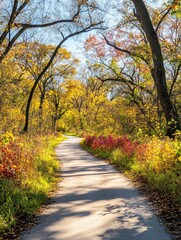 Fototapeta premium A serene pathway through a colorful autumn forest, inviting exploration and tranquility.