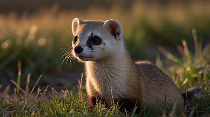 Fototapeta premium A black-footed ferret sits in a field of tall grass, its fur illuminated by the setting sun.