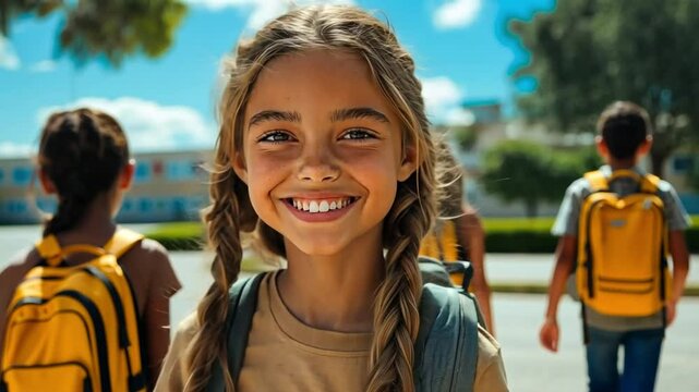 Young girl with braids and backpack, ready for school. Happy student with friends, walking under a sunny sky. Emphasizes education, childhood, and the positive spirit of students.